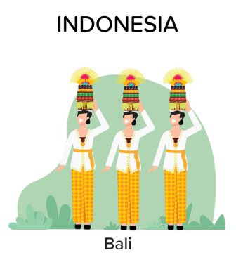 Geleneksel kostümlü güzel Balili kadınların geçit töreni, Hindu töreni. Sanat festivali, Bali adası kültürü ve Endonezya halkı, Asya seyahat geçmişi