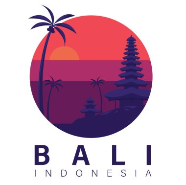 Bali Adası Vektör İllüstrasyon Tasarımı, Endonezya 'daki Bali Tapınağı Silüeti, Bali Adasının Manzarası, Günbatımı Silueti Tropikal Adası