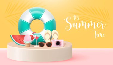 3D Realistic Summer Time Holiday Banner Design with Colorful Beach Elements Background. Vector Illustration. Summer Sale, Post Template, 3D Tropical Element. 