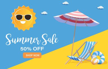 3D Realistic Summer Time Holiday Banner Design with Colorful Beach Elements Background. Vector Illustration. Summer Sale, Post Template, 3D Tropical Element. 