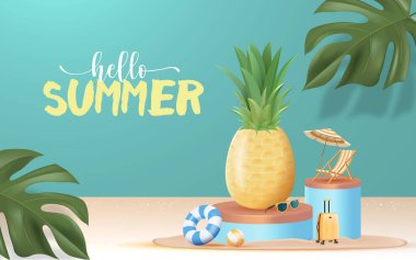 3D Realistic Summer Time Holiday Banner Design with Colorful Beach Elements Background. Vector Illustration. Summer Sale, Post Template, 3D Tropical Element. 