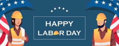 Happy Labor Day Vector Illustration with Labor Character and US Flag. Suitable for Template Poster, Banner, Flyer, Greeting Card etc