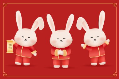 Çeviri: 2023 Çin Yeni Yılı Tavşan Yılı. Çin Zodiac Şablonu, Çin Yeni Yıl Vektör İllüstrasyonu Poster Afişi