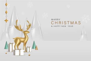 3D Gerçekçi Mutlu Noeller ve 3D Element Vektör İllüstrasyonlu Mutlu Yeni Yıl Sancakları.