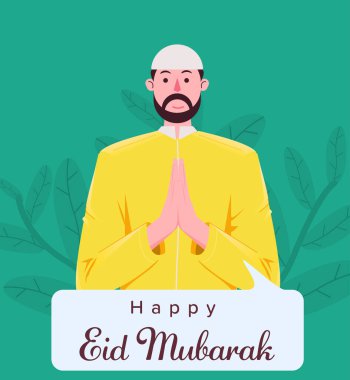 Selamat hari raya Idul Fitri, Endonezya 'da bayram bayramı demek. Karikatür Müslümanları bayram kutlamaları, bayram kartı afişi ve afişi için düz stil vektör illüstrasyonu