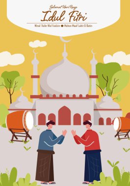 Selamat hari raya Idul Fitri, Endonezya 'da bayram bayramı demek. Karikatür Müslümanları bayram kutlamaları, bayram kartı afişi ve afişi için düz stil vektör illüstrasyonu