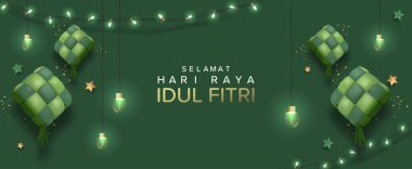 Selamat Hari Raya Idul Fitri Meaning Happy Eid Mubarak. Eid Mubarak Template with 3D Realistic Ketupat Vector Illustartion, Eid Al Fitr with Islamic Ornament clipart
