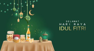 Translation : Happy Eid Mubarak. 3D Realistic Poster Design with Typical Eid Cookies from Indonesia. Eid Al Fitr Graphic Design with 3D Realistic Islamic Ornament. 