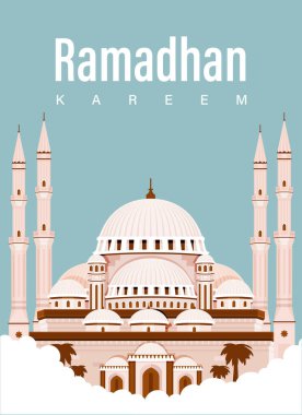 Ramadhan Kareem Vector Illustration with Four Pillars Mosque in the Background