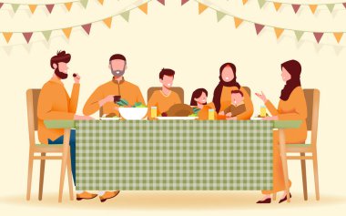 Mutlu iftar müslüman aile vekil ilülasyonu, Müslüman aile iftar partisi düzenliyor.