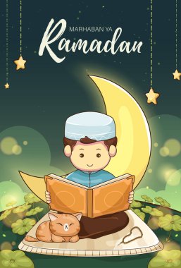 Ramazan Kareem Tasarımı Yanında Şirin Kediyle Kur 'an okuyan Sevimli Çocuk Vektör İllüzyonu