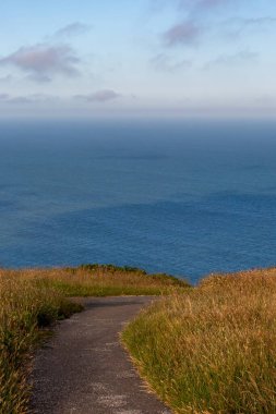 Tepenin aşağısına giden bir patika, deniz manzaralı.