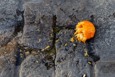 A squashed Seville orange on a cobbled street in Seville