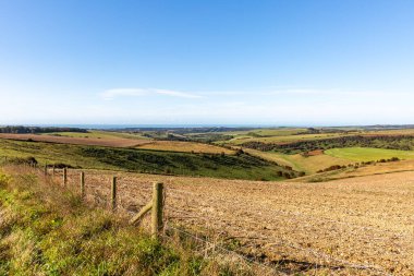 Sussex sahilindeki tarlalara bakıyorum. Uzak bir mesafede, Ditchling Beacon 'dan