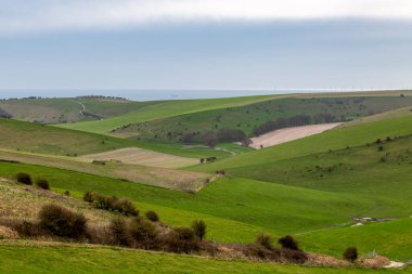 Güney Downs 'daki Sussex Sahili' ne doğru yeşil tarlalara bakıyorum.