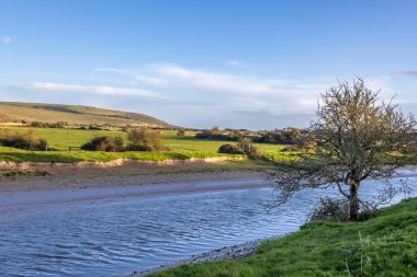 Sussex 'teki Cuckmere Nehri manzarası, güneşli bir bahar akşamı