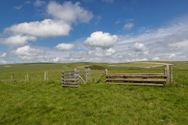 A fence and gate between fields in the South Downs, on a sunny spring day