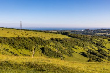 Bir yaz akşamı Beeding Hill yakınlarından Batı Sussex sahiline doğru bir manzara.