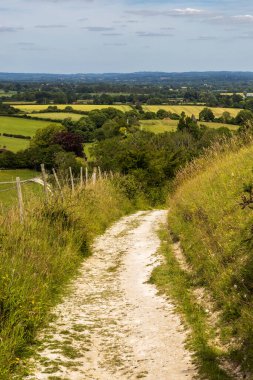 Tepesinde mavi bir gökyüzü olan Güney Tepeleri 'nin kıyısındaki tebeşir yolu boyunca bakıyorum.