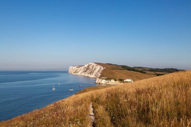 Tatlı Su Körfezi ve Tennyson üzerinde Wight Adası 'nın aşağısında, üzerinde mavi bir gökyüzü olan bir manzara.
