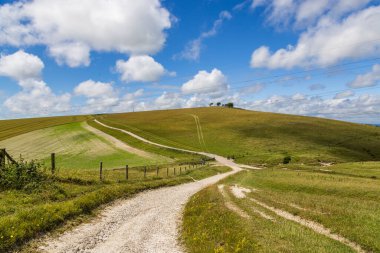 Güneşli bir yaz gününde Fulking Tepesi 'nin yakınındaki Güney Downs Yolu boyunca tebeşir yolu.