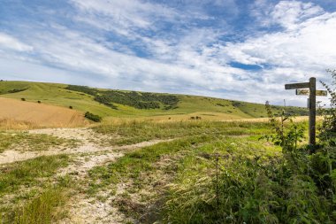Güney Tepeleri 'nde bir işaret direği ve patika. Uzaktaki Kingston Tepesi ve tepede mavi bir gökyüzü.