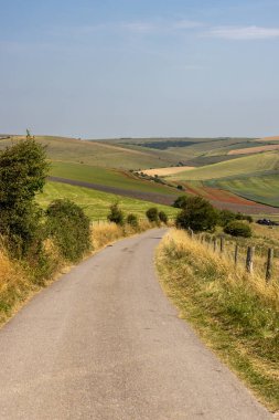 Güneşli bir yaz gününde, tepelerde gelincikler, safhalar ve ketenler yetişen cennet gibi bir güney yamaçlarında bir köy yolu.