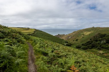 Güneşli bir yaz gününde Cape Cornwall yakınlarında bir sahil yolu.