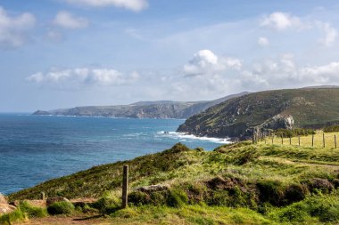 Pendeen Deniz fenerinin yakınındaki Cornish sahil şeridine bakıyorum, tepemizde mavi bir gökyüzü var.