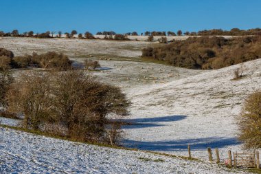 A view over a South Downs hillside with snow on the ground and a blue sky overhead, at Ditchling Beacon clipart