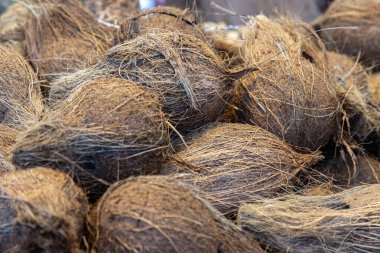 Pazar yerinde satılık hindistan cevizleri, sığ bir alan derinliği var.