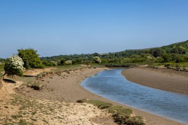 Cuckmere Vadisi 'ndeki Cuckmere Nehri manzarası, üzerinde mavi bir gökyüzü var.
