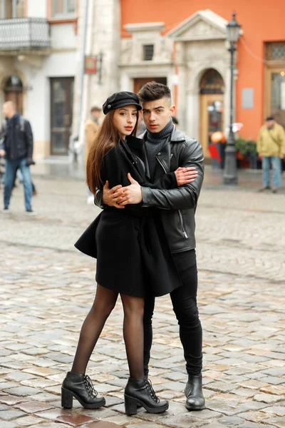 Luxury Couple Boy Girl Hugging Street — Stok fotoğraf