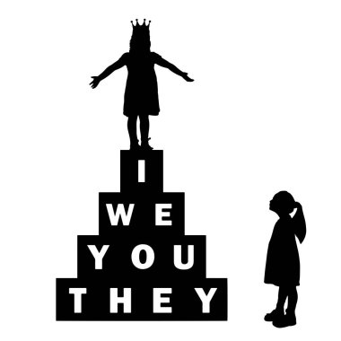 Little girl is looking at another little girl with a crown on her head. The concept of childish egoism. Vector Silhouette