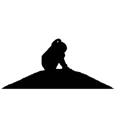 Silhouette of sad little girl sitting on a hill. Conceptual image. Vector