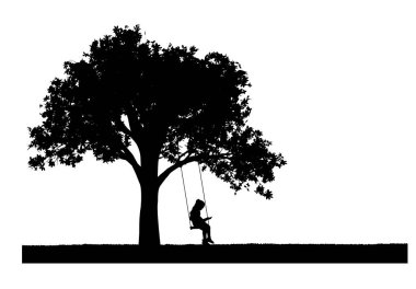 Silhouette Vector of a little girl reading a book sitting on a swing under a tree. Conceptual image of childhood