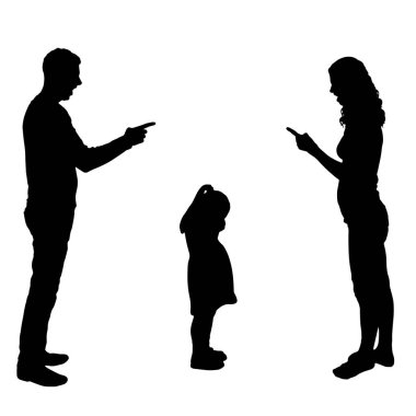 A little girl is crying, hearing how her parents quarrel and get divorced. Vector Silhouette. Concept of divorce through the courts and the right to a child
