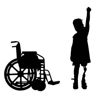 A happy child is a disabled girl with a prosthetic leg and a wheelchair. Vector Silhouette. Concept of children with prosthetic leg