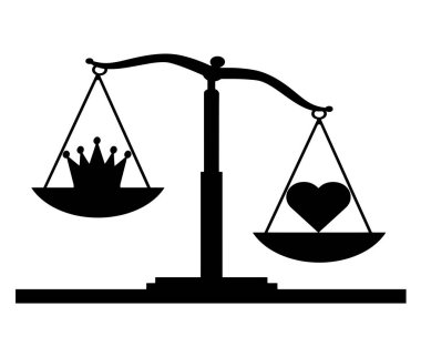 Symbol of the heart Altruism takes priority over the symbol of the crown of egoism on the scales of justice. Vector Silhouette. Concept of choosing to be selfish or altruistic