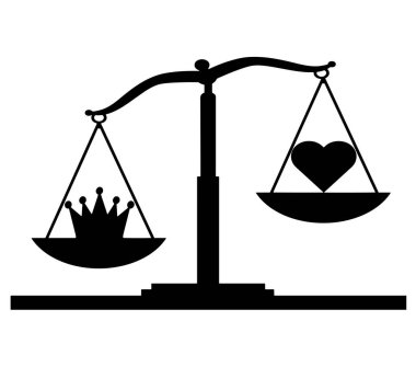 The silhouette of the scales which bowl is inclined towards the crown, not the heart, against the background of the sunset. Vector Silhouette. Concept image of selfishness