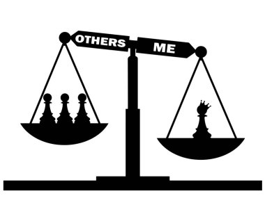 Chess silhouette of a narcissistic pawn figure with a crown on his head considers himself weightier over three pawns on weights. Vector Silhouette. Concept of narcissism and selfishness