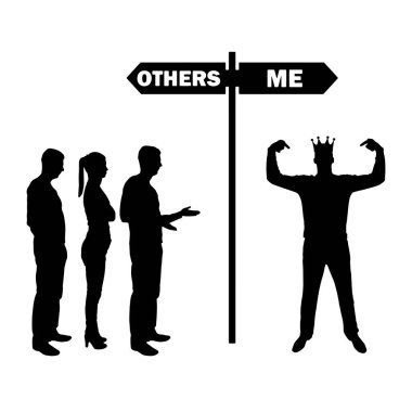 A selfish man with a crown on his head positions himself as a man who is more important than the rest. Conceptual scene of selfish people. Vector silhouette