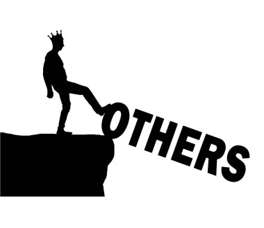 Silhouette of a selfish man pushing with his foot into the abyss the word others. The concept of an egoist who thinks about himself. Vector Silhouette