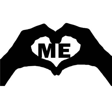 Man's hands hold the word to me, showing that he likes this as a symbol of the heart. Vector Silhouette. Concept of selfishness and narcissism
