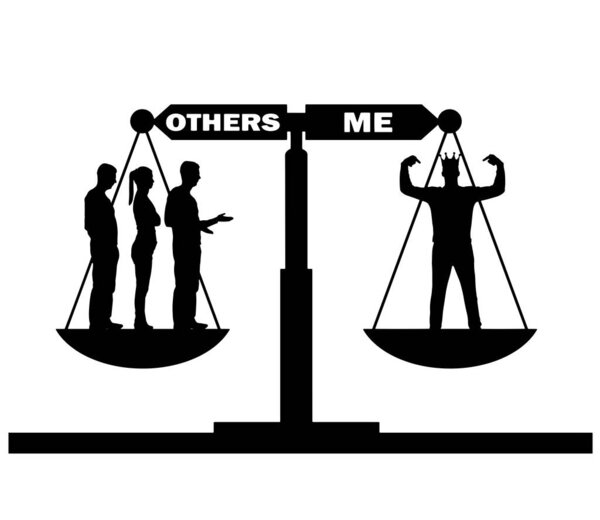 Selfish man Vector silhouette with a crown and a crowd on the scales of justice. Conceptual scene narcissist and selfish man