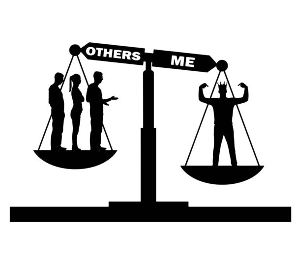 Selfish man with a crown considers himself better than a crowd on the scales of justice. Vector silhouette. Conceptual scene narcissist and selfish man