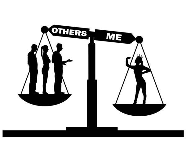A selfish woman with a crown and a crowd on the scales of justice. Vector silhouette. Conceptual scene of a narcissistic and selfish woman
