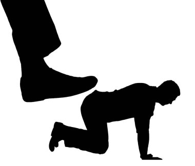 Silhouette of a big leg pressing on a person. The concept of humiliation, inequality, bullying in both life and business. Vector Silhouette