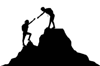 Silhouettes of two women climb to the top of the mountain. Vector silhouette. Concept of teamwork and mutual assistance