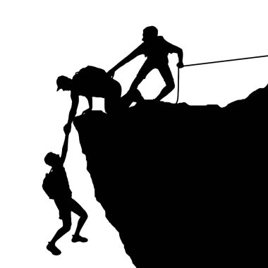 Silhouette of two male climbers rescuing another climber pulling his hand from a precipice. The concept of mutual assistance in business and not only